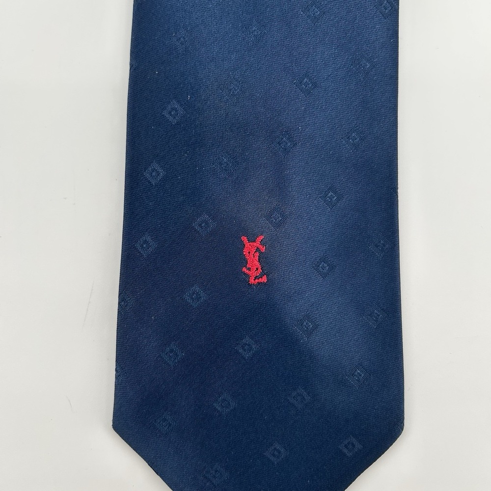 YSL Yves Saint Laurent Tie Navy Red Monogram Geometric Ca 70's- 80s Vtg USA NWT